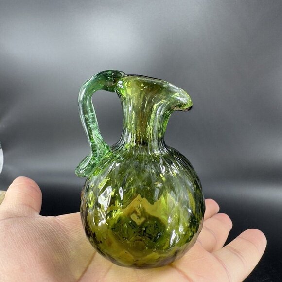Hand Made Art Glass Green Optic Jug Miniature Pitcher Hand Blown Glass Decor VTG - Picture 14 of 14